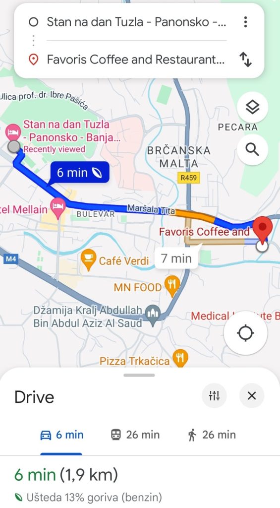 Restoran Favoris Tuzla - Udaljenost od apartmana prikazana na Google Maps