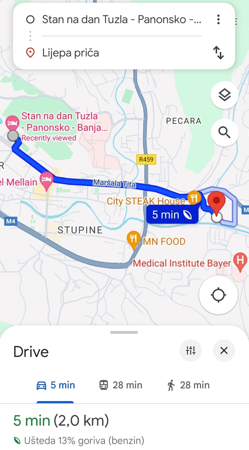 Kafić Lijepa Priča Tuzla - Udaljenost od apartmana prikazana na Google Maps