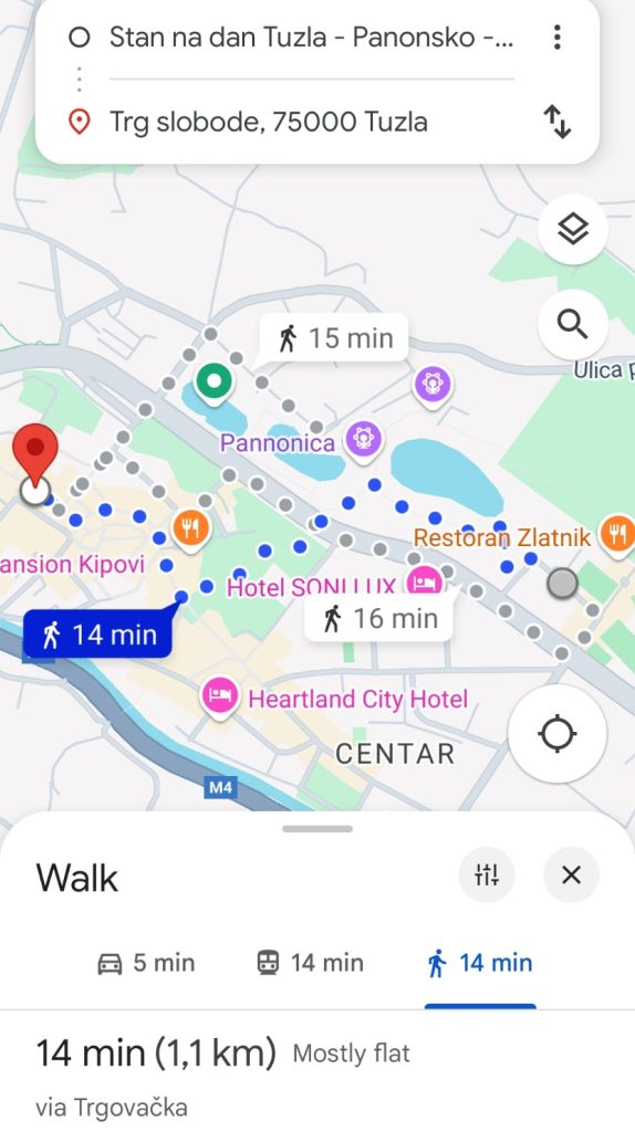 Prikazana udaljenost od 14 minuta hoda između apartmana Banja Residence i Trga slobode u Tuzli, gdje će se održati doček Nove godine