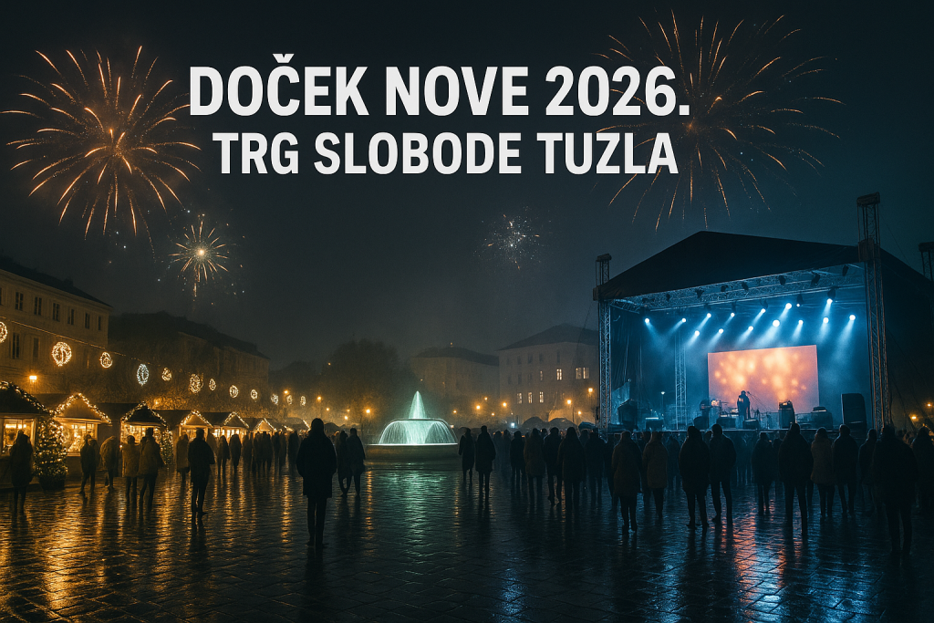 Doček Nove 2026. u Tuzli na Trgu slobode, vatromet iznad bine, mnoštvo na mokrim kaldrmama, fontana i blagdanske lampice u pozadini.